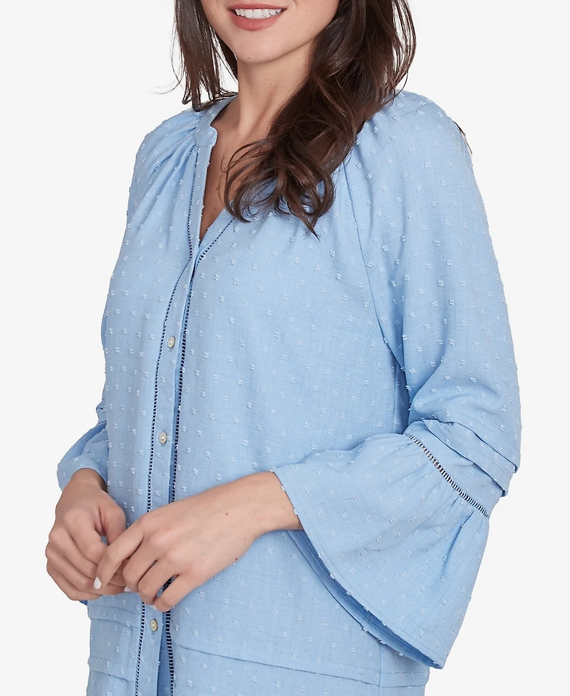 Ruby Rd. Petite Clip Dot Button Front Flared V-Neck Top