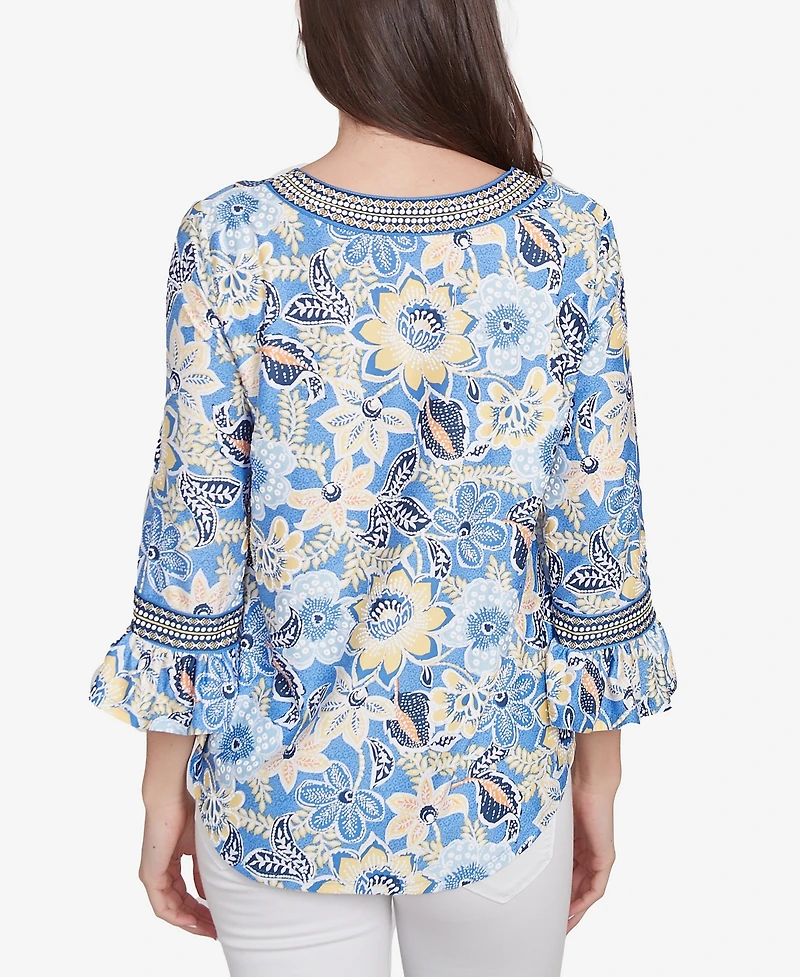 Ruby Rd. Petite Bohemian Floral Puff Print Crew Neck Top