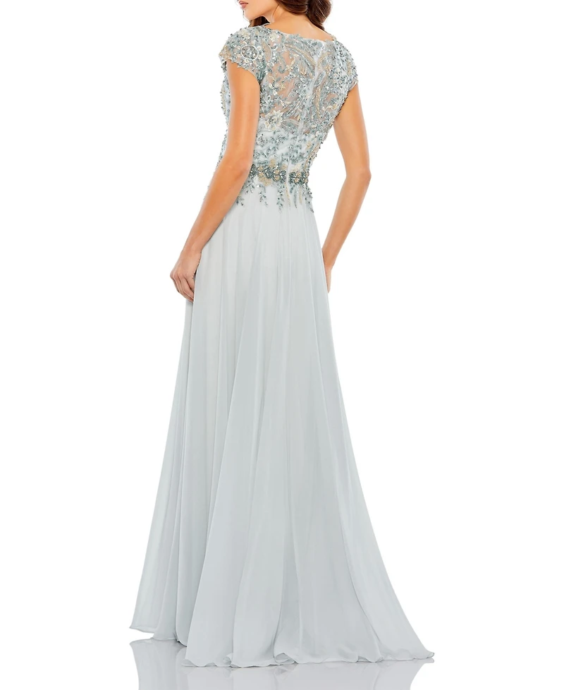 Women's Embellished Cap Sleeve Bodice Flowy Gown