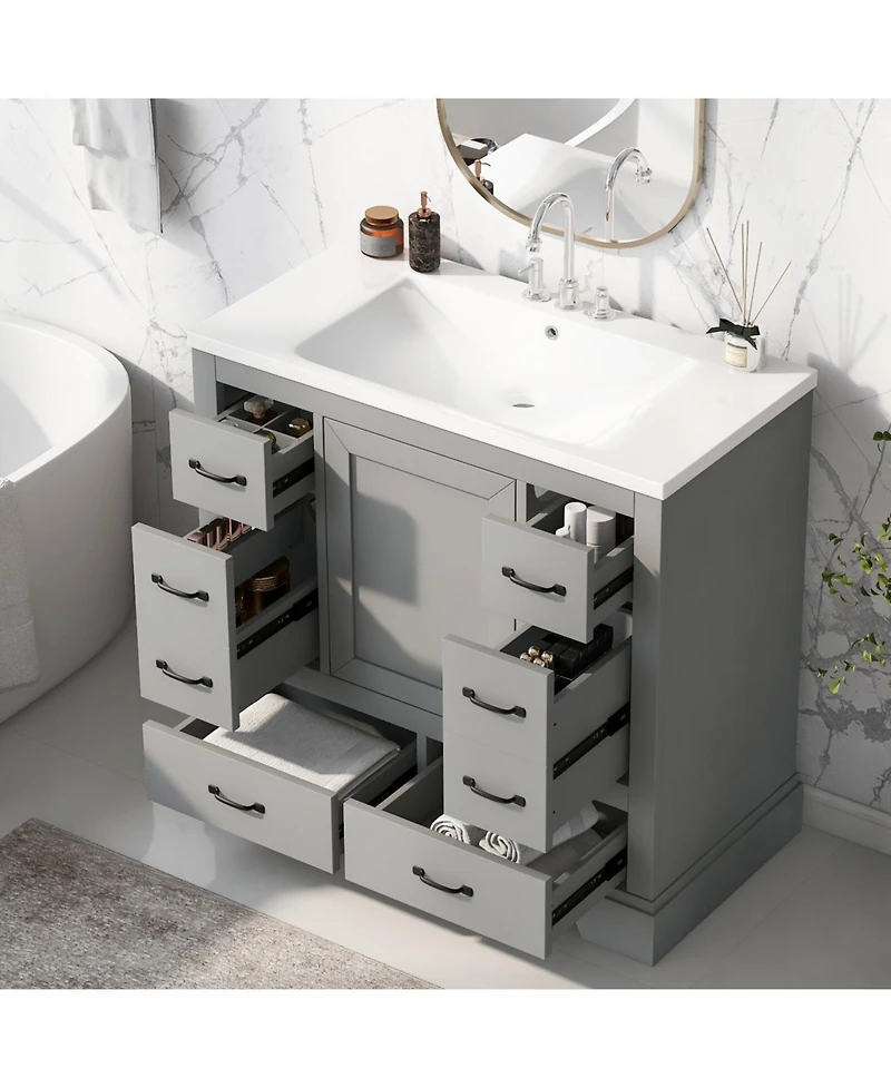 Streamdale 36" Bathroom Vanity with Sink Combo, Six Drawers, Multi-Functional Drawer Divider, Adjustable Shelf, Grey