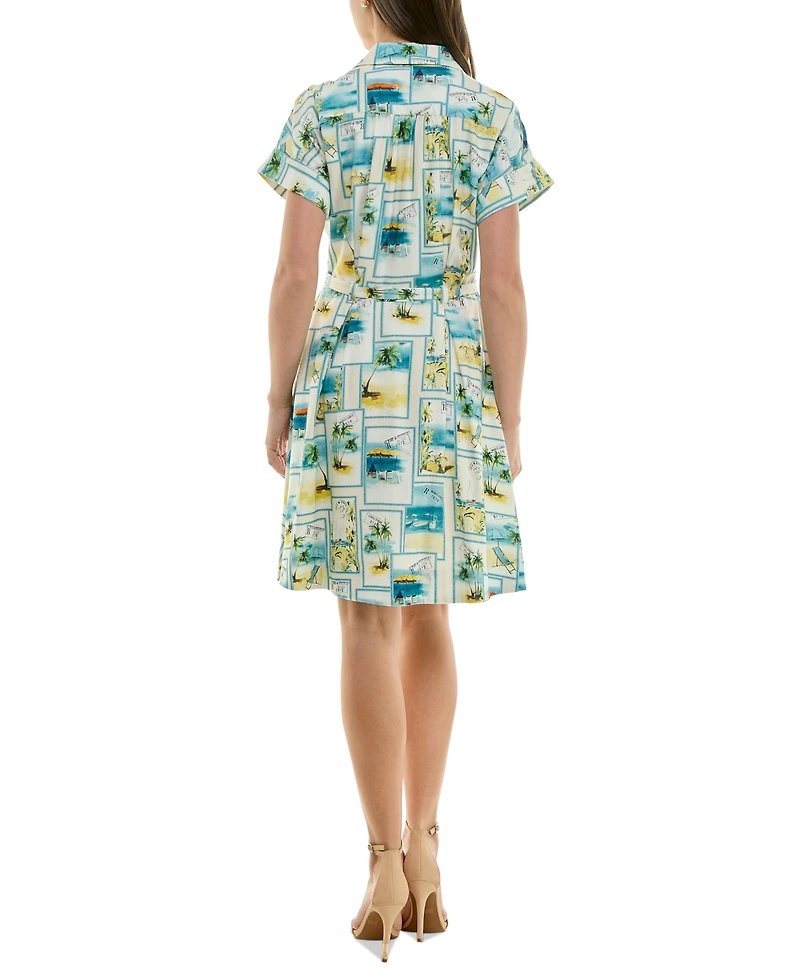 Taylor Petite Printed Short-Sleeve Belted Shirtdress