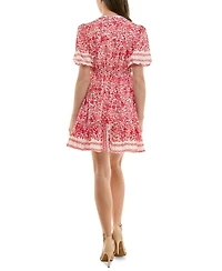 Taylor Petite Printed V-Neck Puff-Sleeve Ruffled-Hem Dress