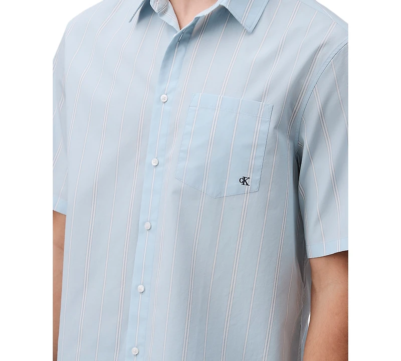 Calvin Klein Men's Relaxed Fit Short Sleeve Poplin Striped Button-Front Shirt
