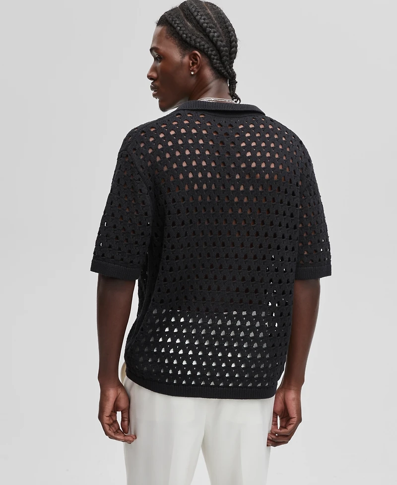 Mode of One Men's Johnny-Collar Open-Stitch Short-Sleeve Sweater, Exclusively at Macy's