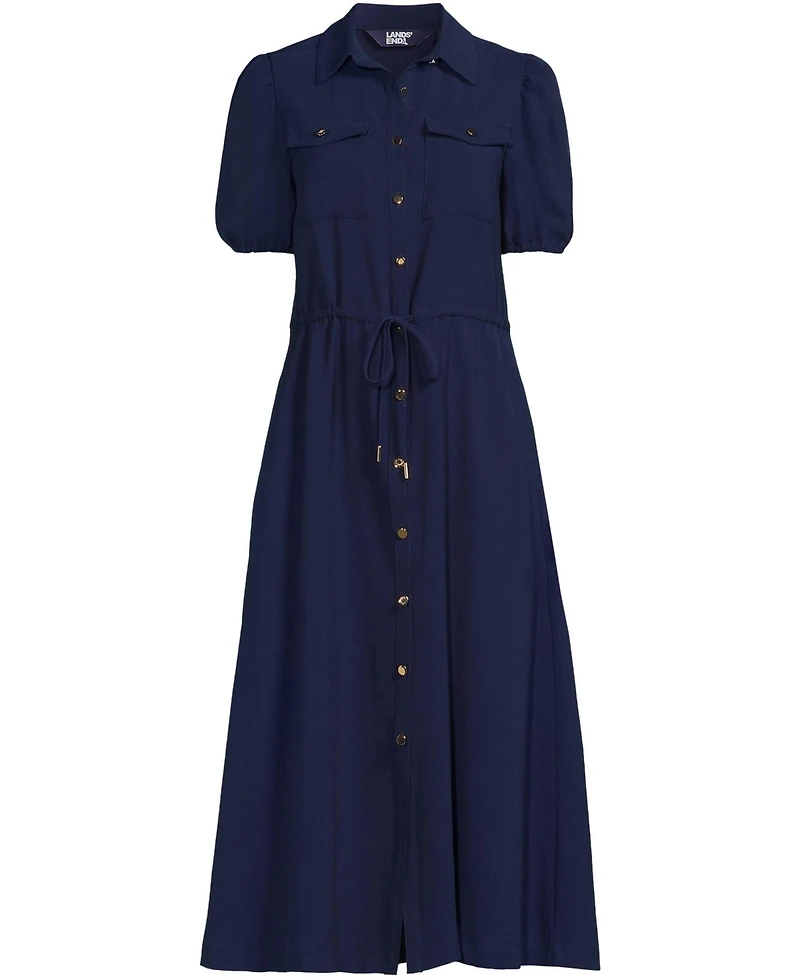 Lands' End Women's Twill Button Front Fluid Short Sleeve Dress