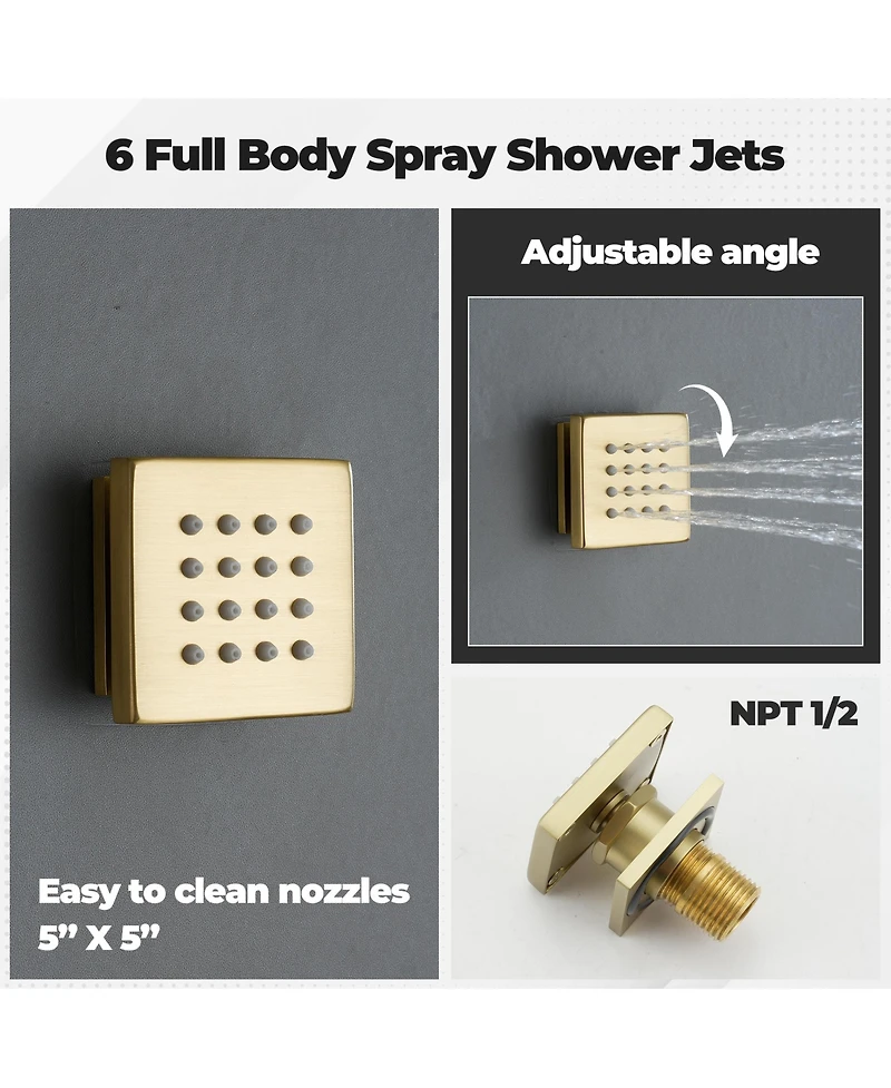 5-Function Luxury Thermostatic Shower System with Body Jets, Led Lights, Rainfall Head, and Handheld Spray, Brushed Gold