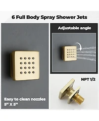 5-Function Luxury Thermostatic Shower System with Body Jets, Led Lights, Rainfall Head, and Handheld Spray, Brushed Gold