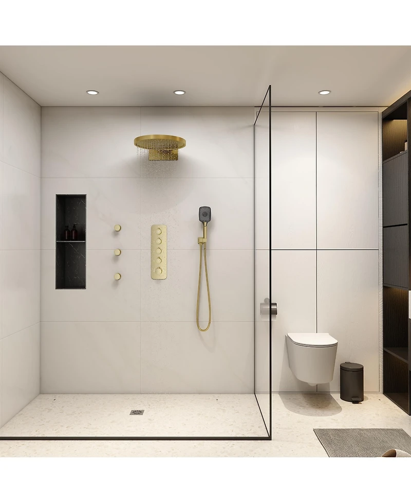 3-Function Wall Mounted 16" Thermostatic Shower System with Body Jets, 2-Mode Rainfall Showerhead, 3-Spray Handheld, Brushed Gold