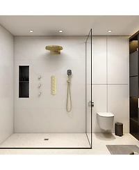 3-Function Wall Mounted 16" Thermostatic Shower System with Body Jets, 2-Mode Rainfall Showerhead, 3-Spray Handheld, Brushed Gold