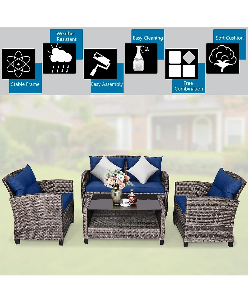 Gymax 4PCS Rattan Furniture Set Coffee Table Cushioned Sofa Garden Lawn Patio