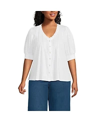 Lands' End Plus Size Button Pintuck Puff Sleeve Top