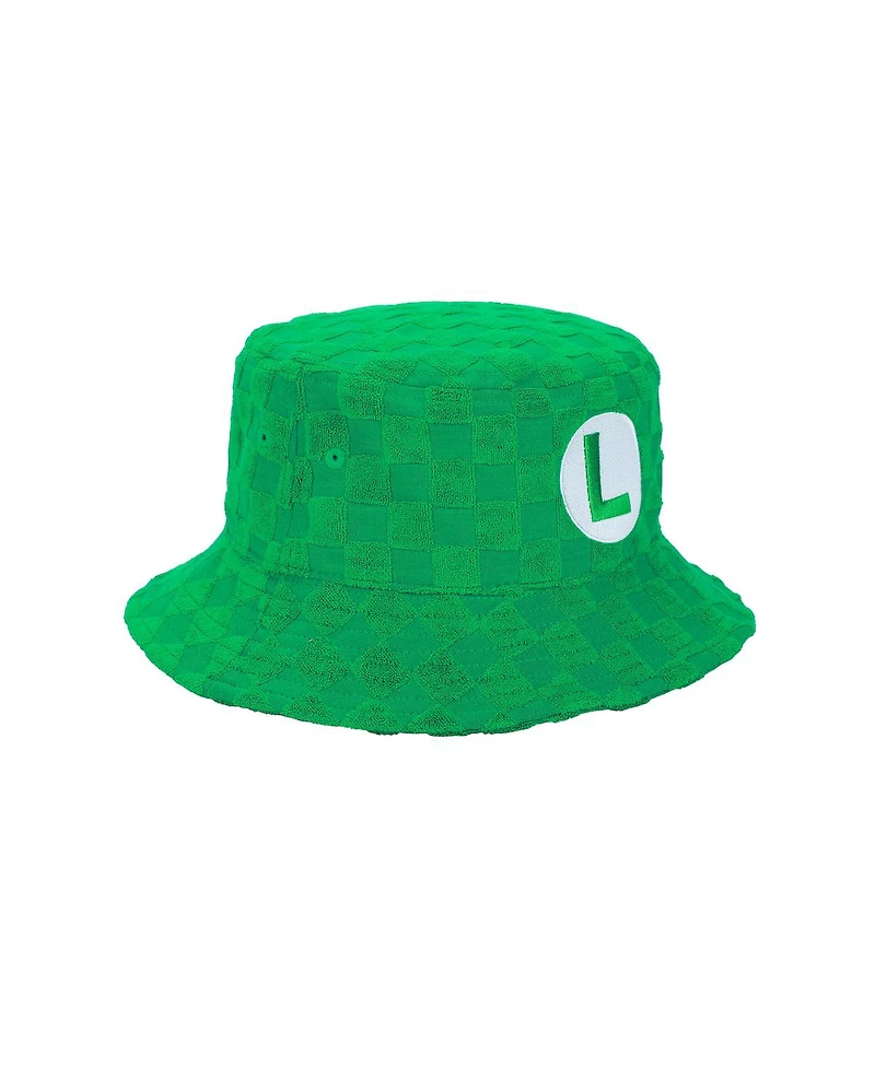 Super Mario Men's Bros Luigi Logo Green Checkered Bucket Hat