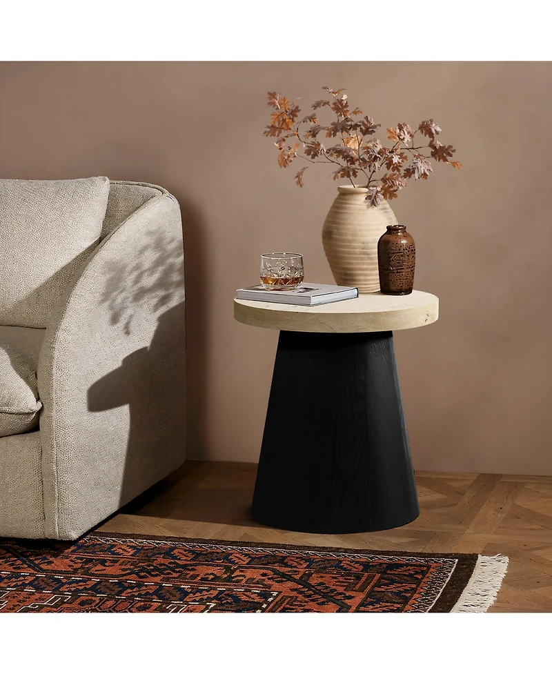 LuxenHome Light Wood Finish Top with Black Base Manufactured Wood Round Side Table