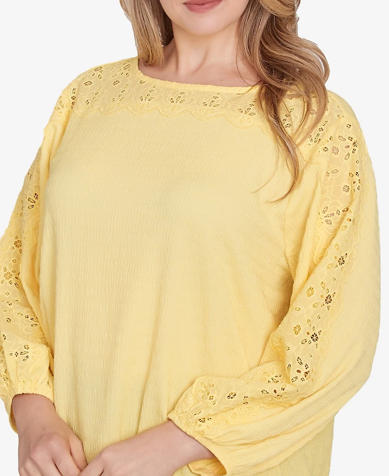 Ruby Rd. Plus Solid Textured Eyelet 3/4 Sleeve Top
