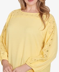 Ruby Rd. Plus Solid Textured Eyelet 3/4 Sleeve Top