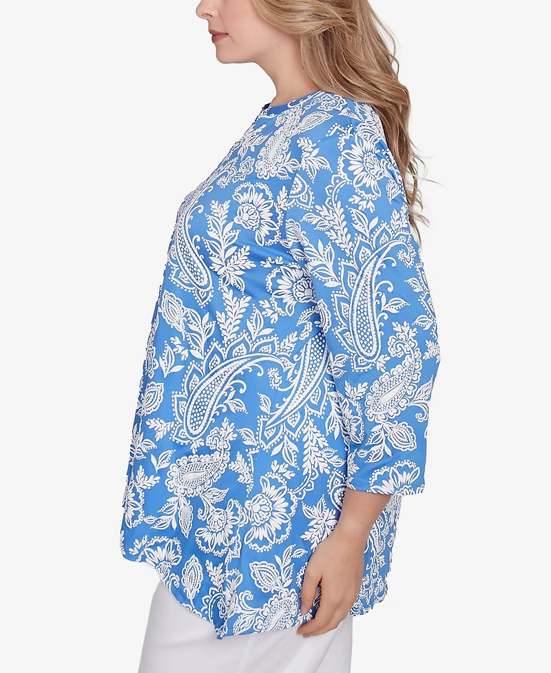 Ruby Rd. Plus Jacobean Paisley Puff Print V-Neck Top