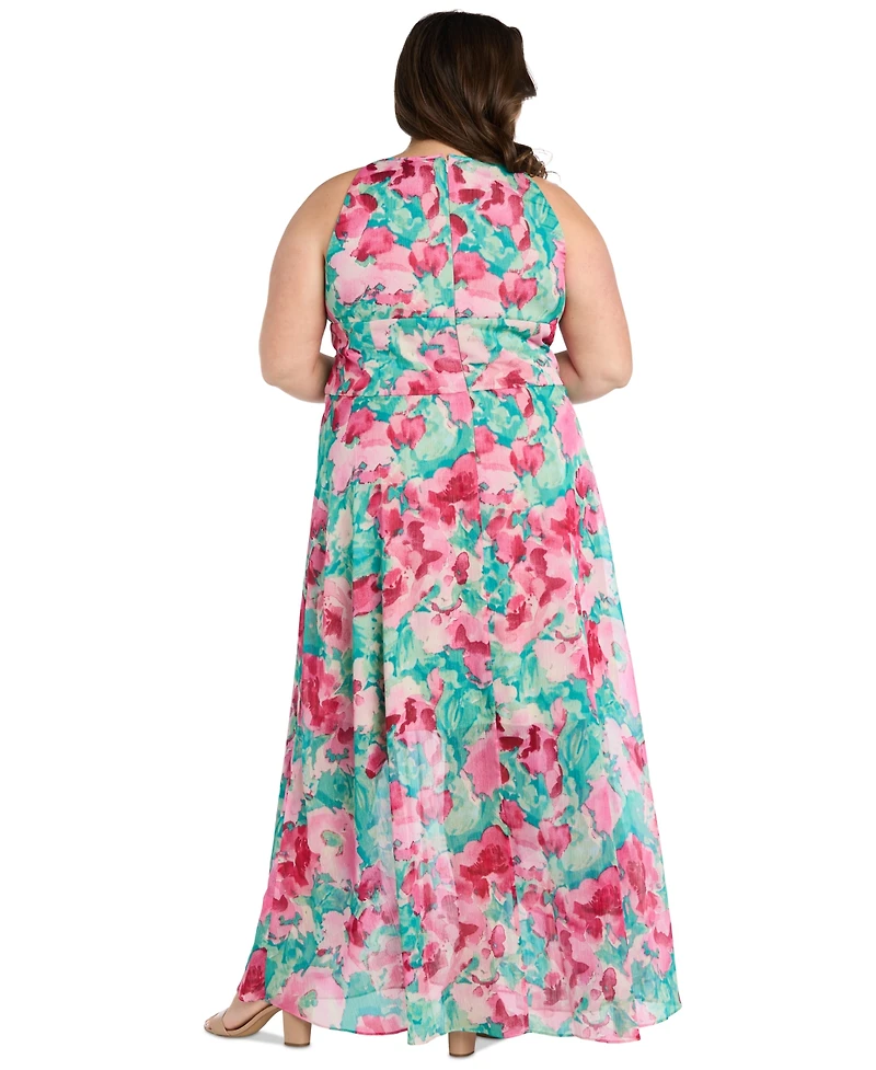 R & M Richards Plus Printed Overlay-Skirt Maxi Dress