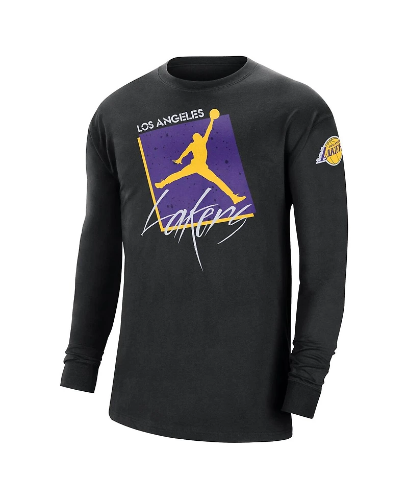 Men's Jordan Black Distressed Los Angeles Lakers Courtside Max 90 Vintage-Like Wash Statement Edition Long Sleeve T-shirt