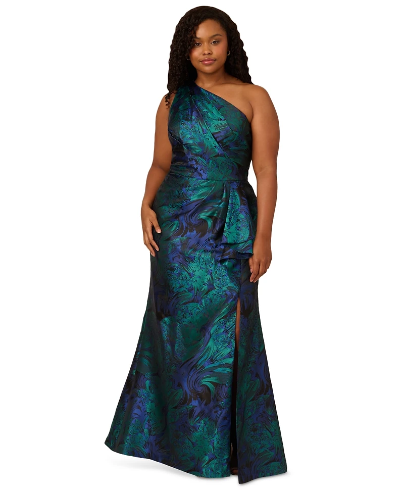 Adrianna Papell Plus One-Shoulder Jacquard Gown