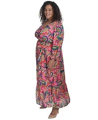 Jessica Howard Plus Printed Tie-Waist Blouson-Sleeve Maxi Dress