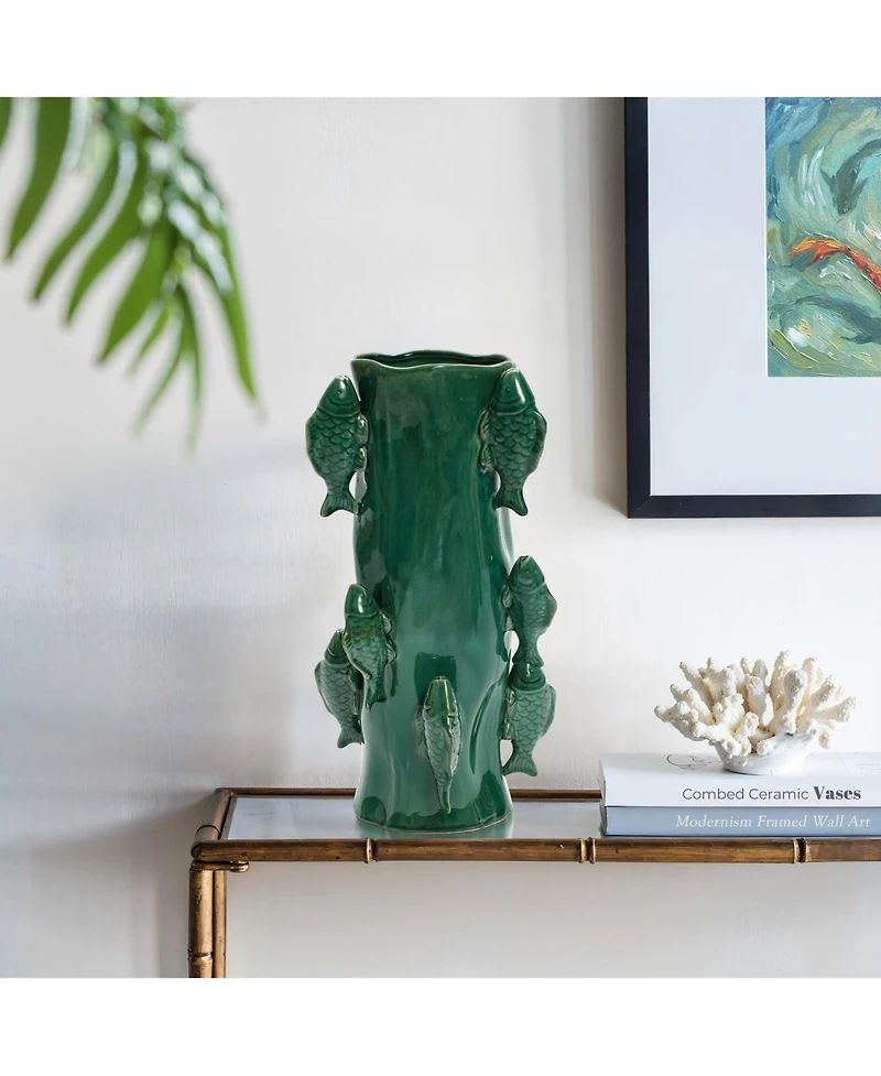 LuxenHome Marine Green Ceramic Fish 12.2-Inch Tall Vase