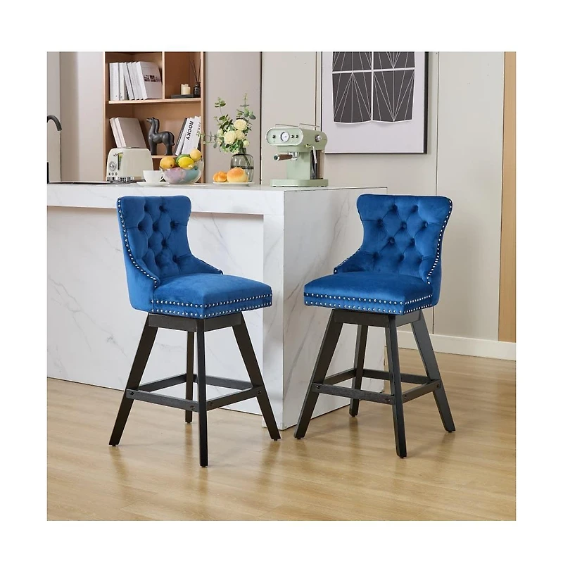 Swivel Velvet Counter Stools with Tufted Back, Nailhead Trim & Wooden Legs, Set of 2-The Pop Home