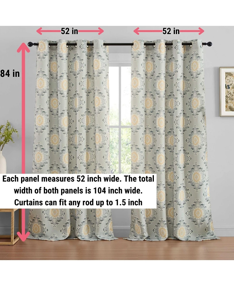 Hlc.me Liam Ogee Ikatt Damask Patterned Window Grommet Curtains Bedroom - Light Blocking Darkening Window Panels, Set of 2 (Grey