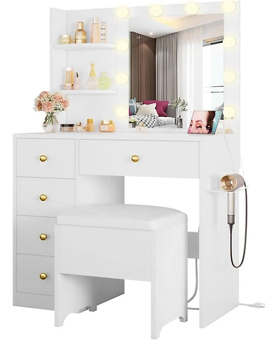 Vanity Desk with Mirror and Lights, Small Makeup Vanity Table with 5 Drawers