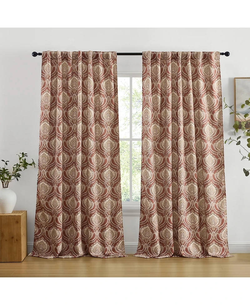 Hlc.me Messina Paisley Damask Patterned Back Tab Rod Pocket Curtains - Light Blocking Darkening Window Panels, Set of 2 (Spice Red