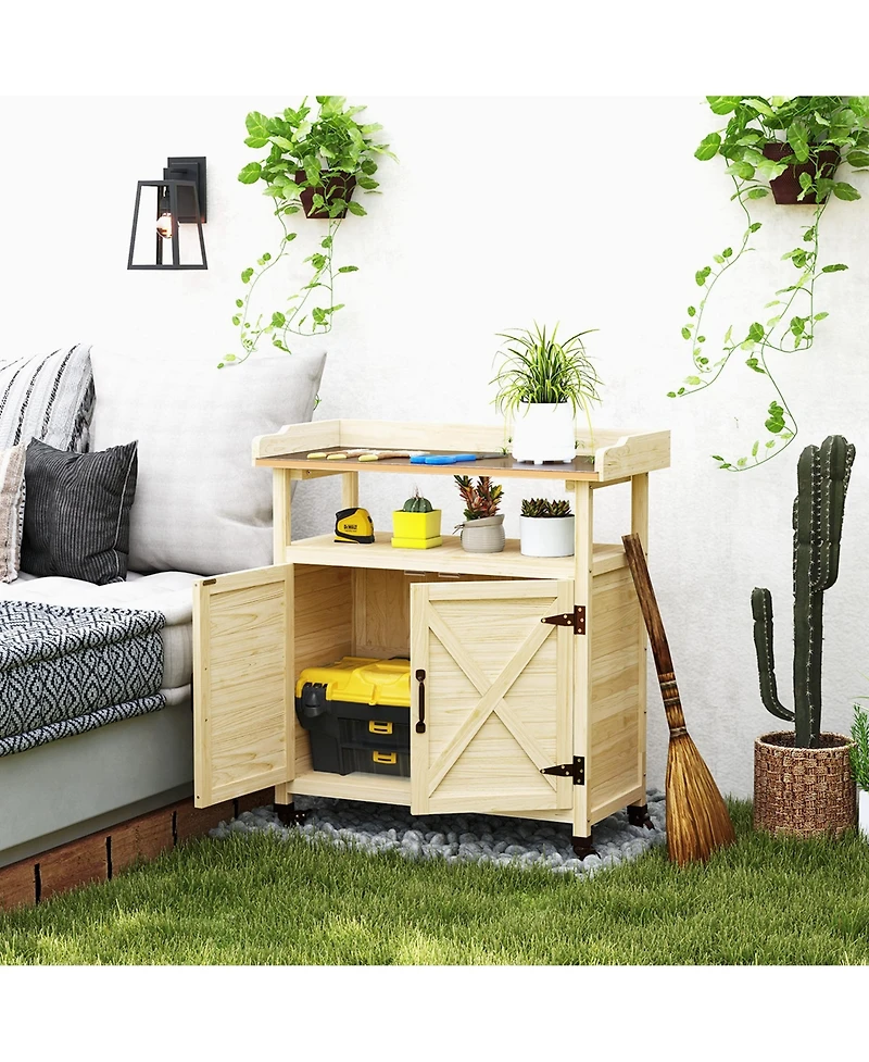 Outsunny Outdoor Potting Bench with Storage, Wheels, Natural Wood