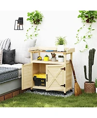 Outsunny Outdoor Potting Bench with Storage, Wheels, Natural Wood