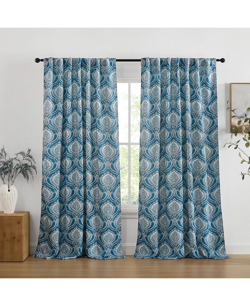 Hlc.me Messina Paisley Damask Patterned Back Tab Rod Pocket Curtains - Light Blocking Darkening Window Panels, Set of 2 (Blue, 52 W x 96 L)