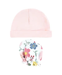 Hudson Baby Baby Girls Hudson Cotton Cap and Scratch Mitten Set, Butterfly Floral, 0-6 Months