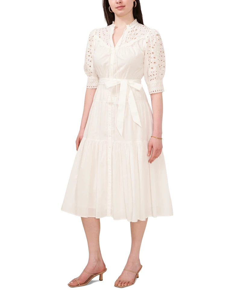 CeCe Women's Cotton Belted Eyelet-Embroidered Shirtdress