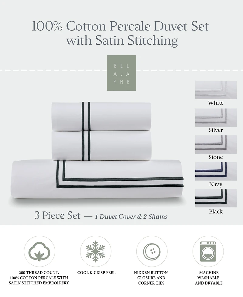 Ella Jayne 100% Cotton Percale Satin Stitched 3-Pc. Duvet Cover Set, Full/Queen