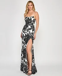 Crystal Doll Juniors' Floral Sequined Lace-Up-Back Gown