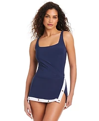 Beyond Control Women's Coastal Color-Block Square-Neck Swim Dress