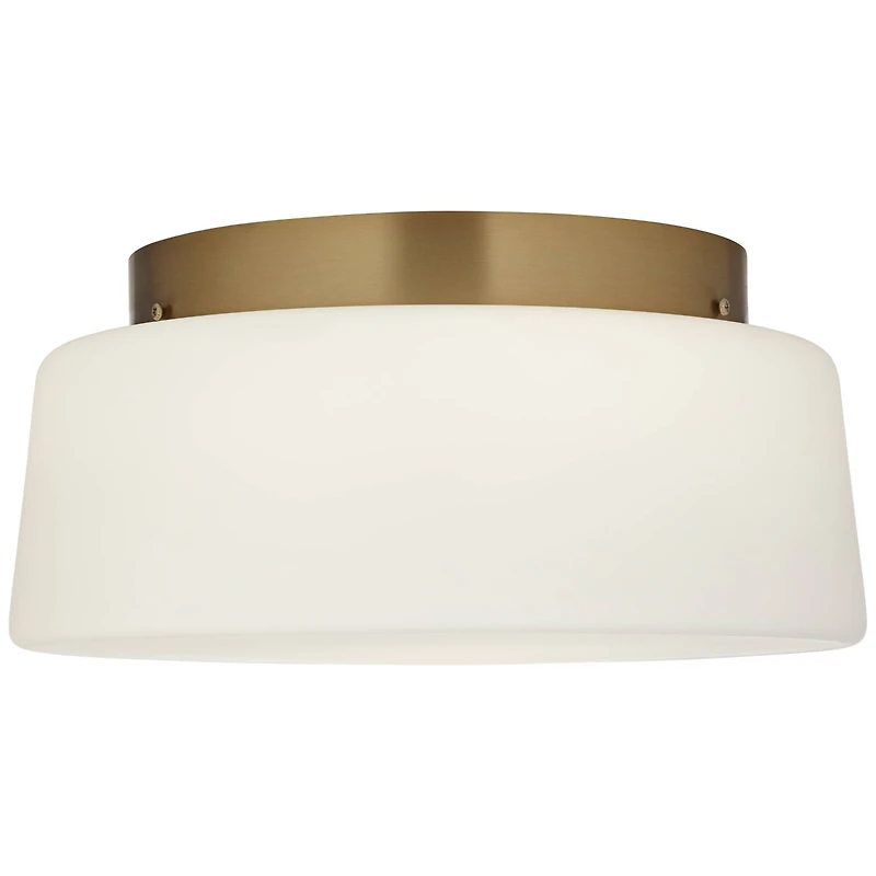 Buckley 13" Modern Flush-Mount Ceiling Light Fixture Kitchen Foyer Hallway Drum Round Warm Brass Finish White Glass Metal Bedroom Bathroom Entryw