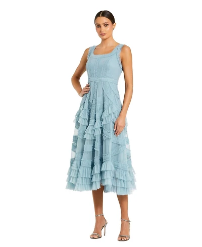 Mac Duggal Women's Scoop Neck Sleeveless Mesh Micro Ruffle Midi Dress