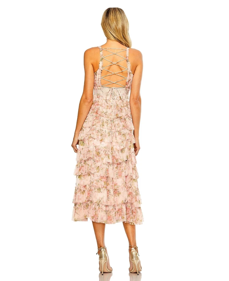Mac Duggal Women's Sleeveless V Neck Floral Mesh Ruffle Midi Dress