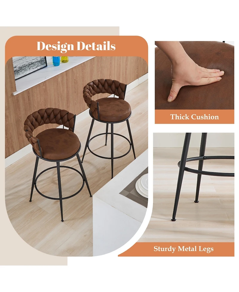 Dyhome 28 inch Bar Stools Set of 3, Modern Counter Height Stools, 360° Swivel Suede Fabric Stool Chairs with Woven Back and Footrest