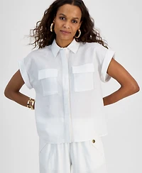 I.n.c. International Concepts Petite Linen-Blend Short-Sleeve Button-Front Shirt, Exclusively at Macy's