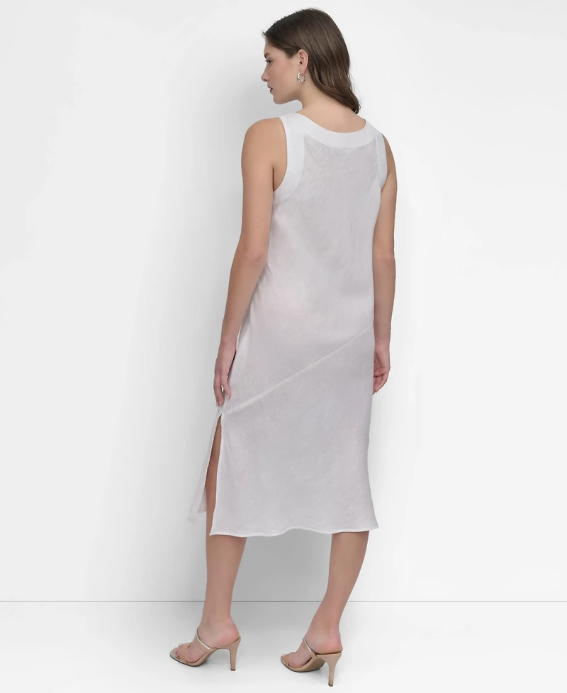 Dkny Women's Linen Sleeveless Studded V-Neck Dress
