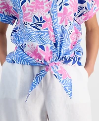 Charter Club Petite 100% Linen Floral-Print Tie-Front Shirt, Exclusively at Macy's