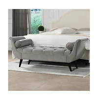 64 Inch Tufted Velvet Entryway Bench, Upholstered Bedroom Bench with Bolster Pillows & Wood Legs-The Pop Home