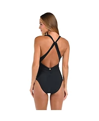Sunshine 79 Women's One Piece Swimsuit Solids V Plunge Halter Twist Back