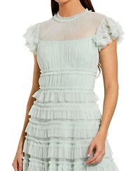 Mac Duggal Women's Solid Mesh Dot Micro Ruffle High Neck Midi Dress