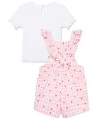 Little Me Baby Girls 2-Pc. T-Shirt & Strawberry Check Shortall Set