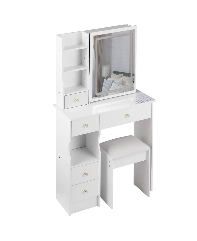 50.40"Small Size Left Drawer Desktop Vanity Table + Cushioned Stool, Touch Control Sliding Led Mirror, Tri-color Switching,White