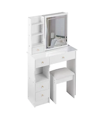 50.40"Small Size Left Drawer Desktop Vanity Table + Cushioned Stool, Touch Control Sliding Led Mirror, Tri-color Switching,White